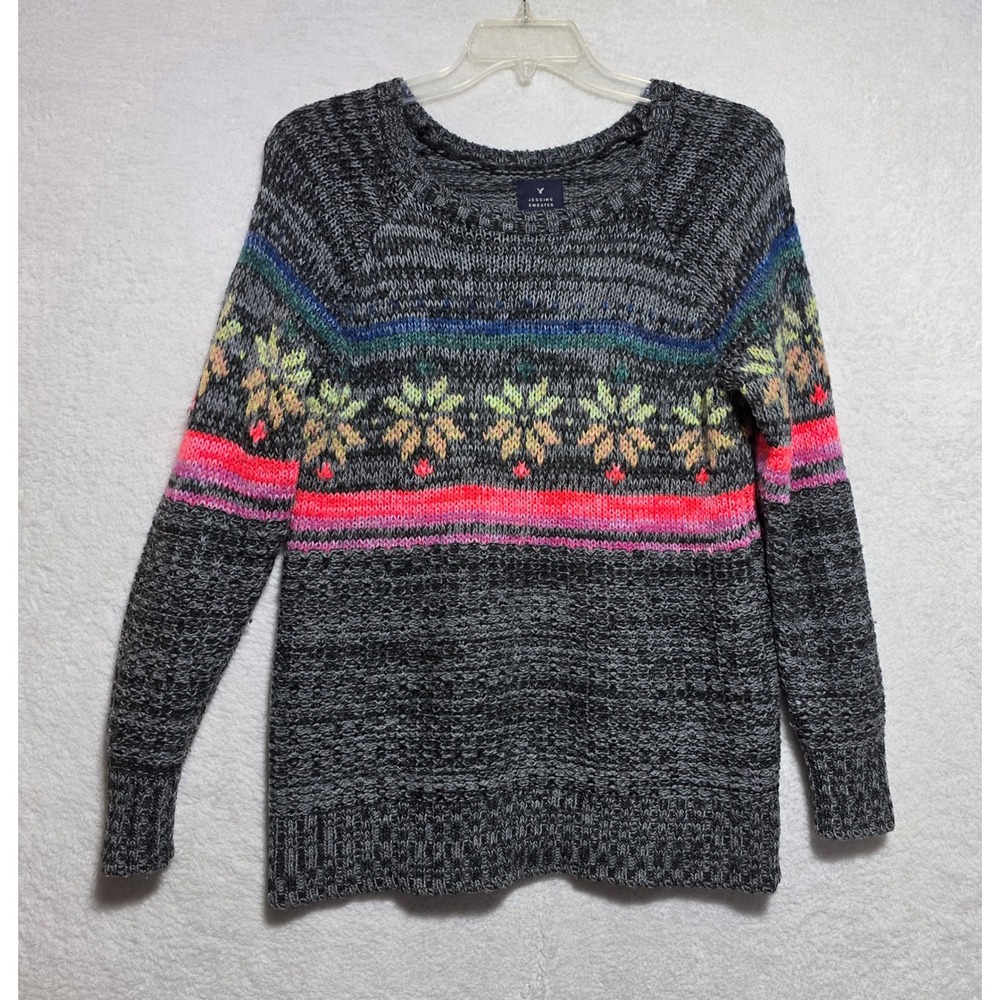 American Eagle Jegging Sweater Women's Sz M Gray Neon Fair Isle Wool Mohair Knit
